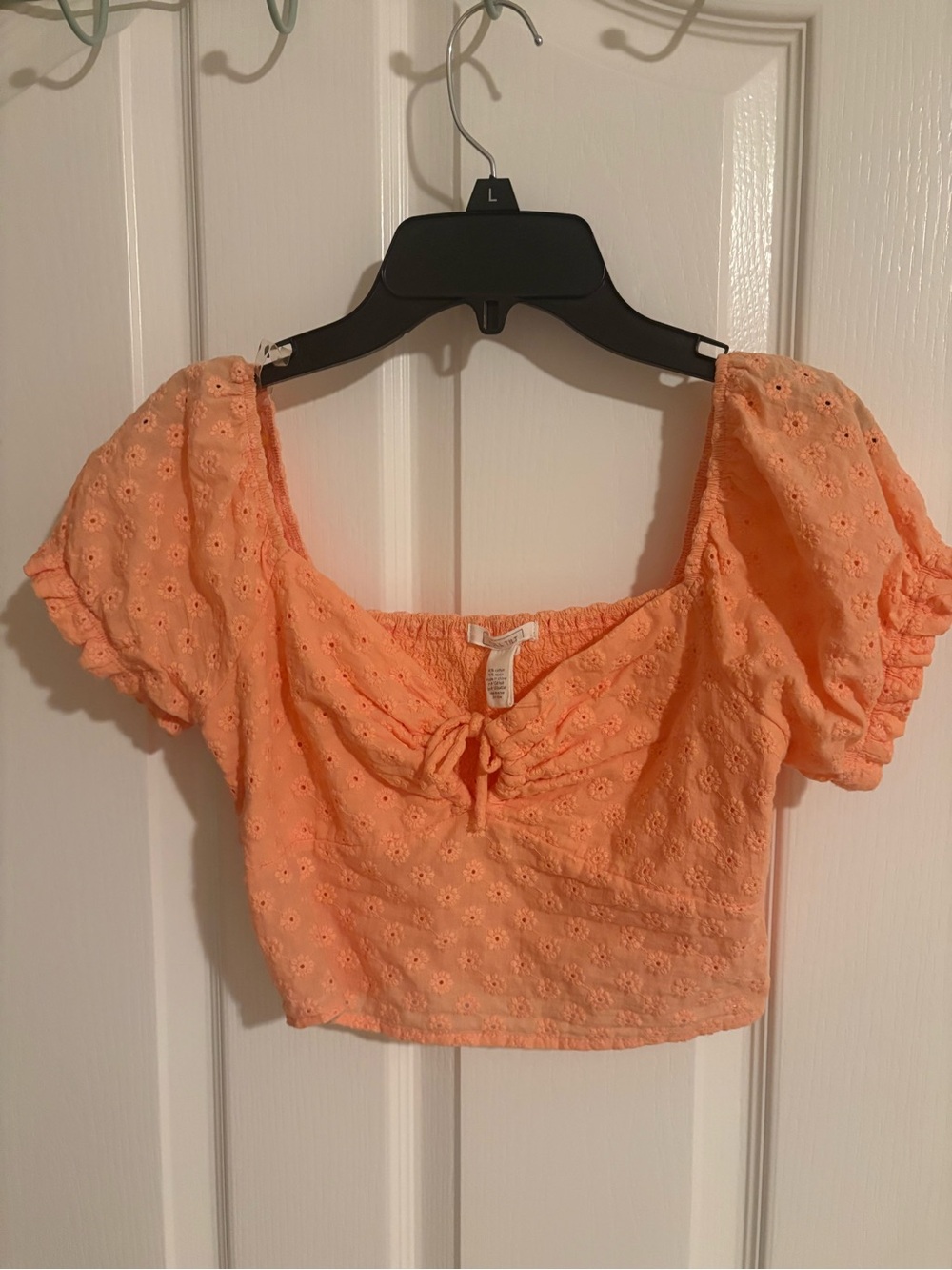 Pac Sun/Tillys Full Tilt Peach Eyelet Tie-Front Puff Sleeve Crop Top